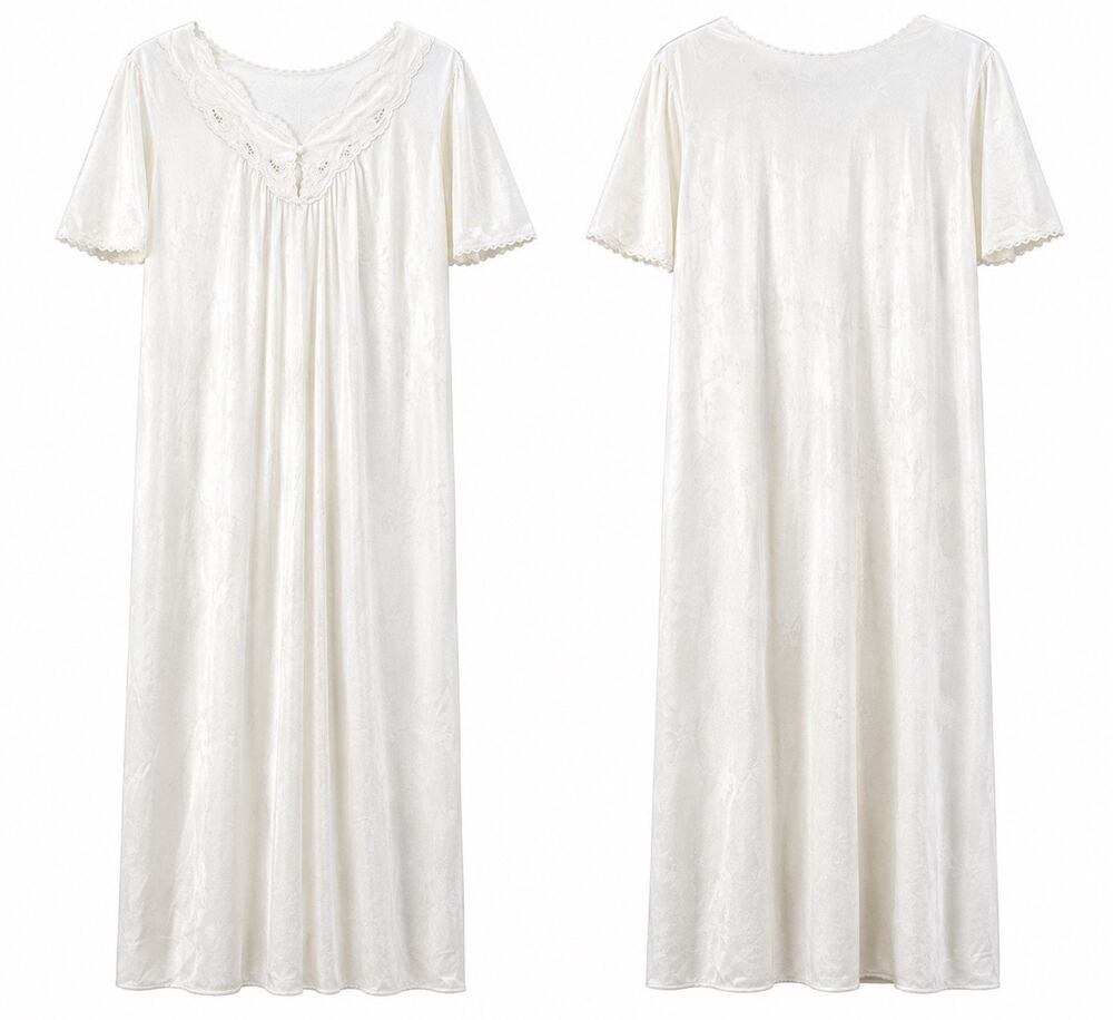 Vintage White Velour Zip Front Nightgown Womens M/L Short Sleeve Embroidered
